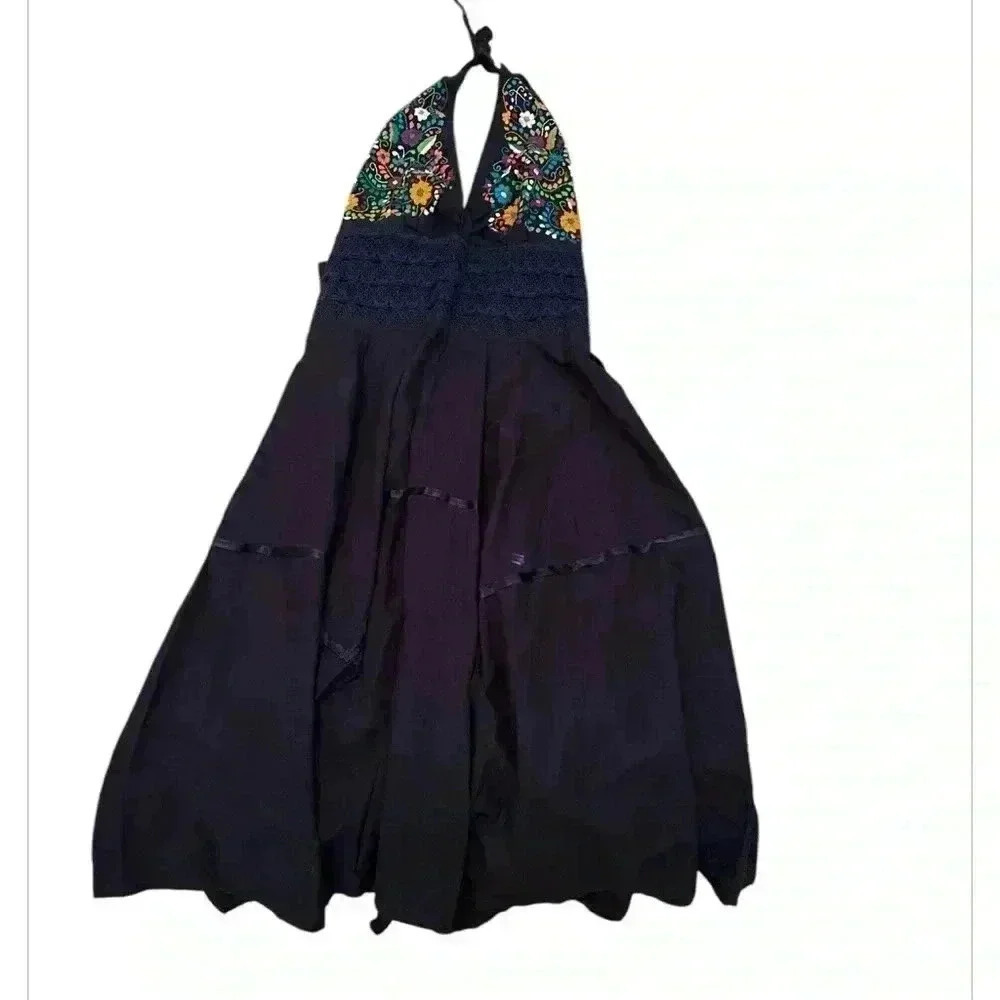 Women’s Vintage Handmade Halter Midi/Maxi Dress, Navy, Size Small